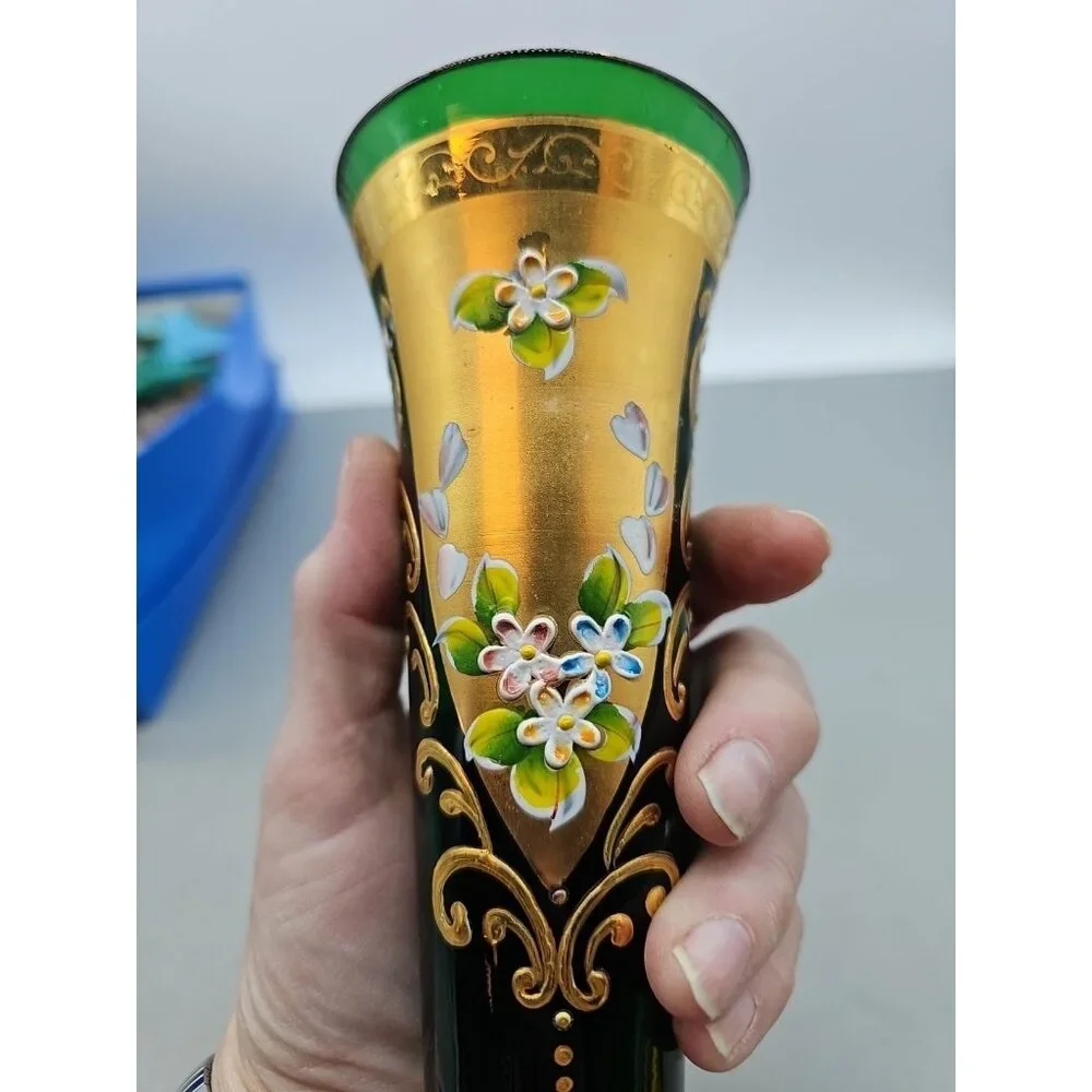 Vintage Hand Painted Art Glass Vase~ Venetian Style Green‎ W/White Flowers~7